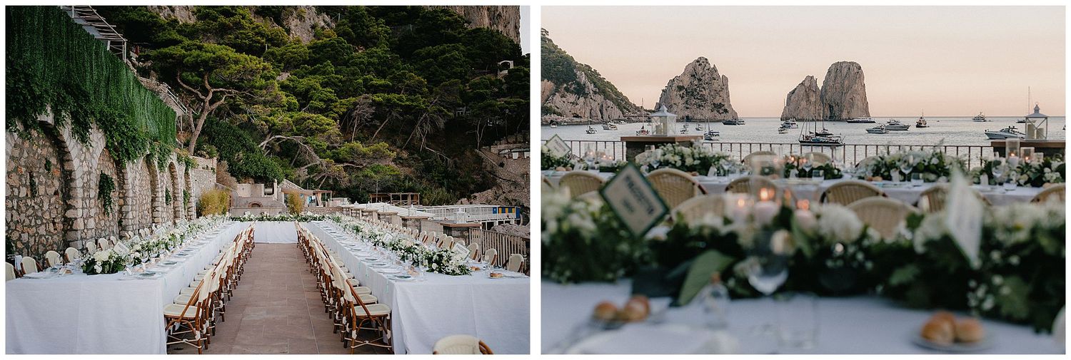 Eight elegant and romantic outdoor wedding venue photos arranged in a horizontal row showing decorated ceremony spaces.