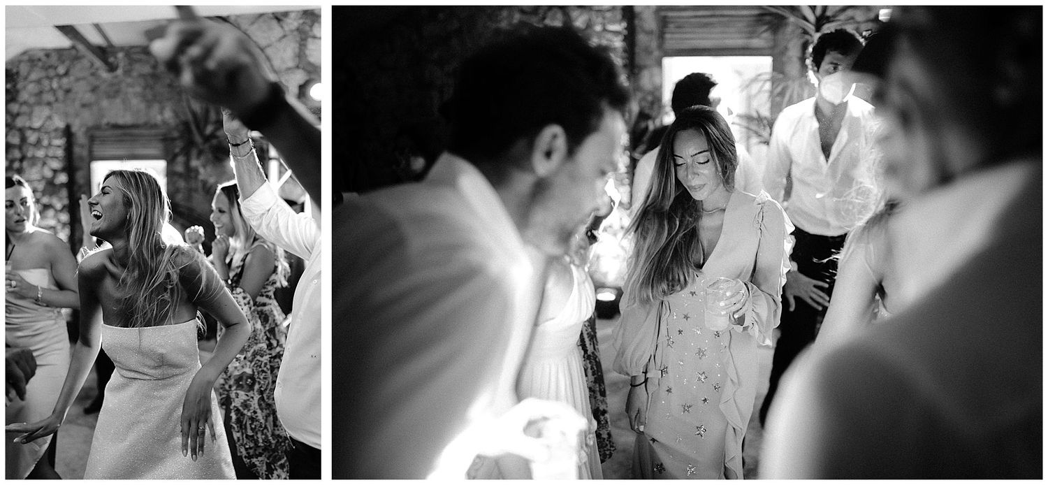 Black and white candid wedding reception photographs showing guests dancing and celebrating on the dance floor.