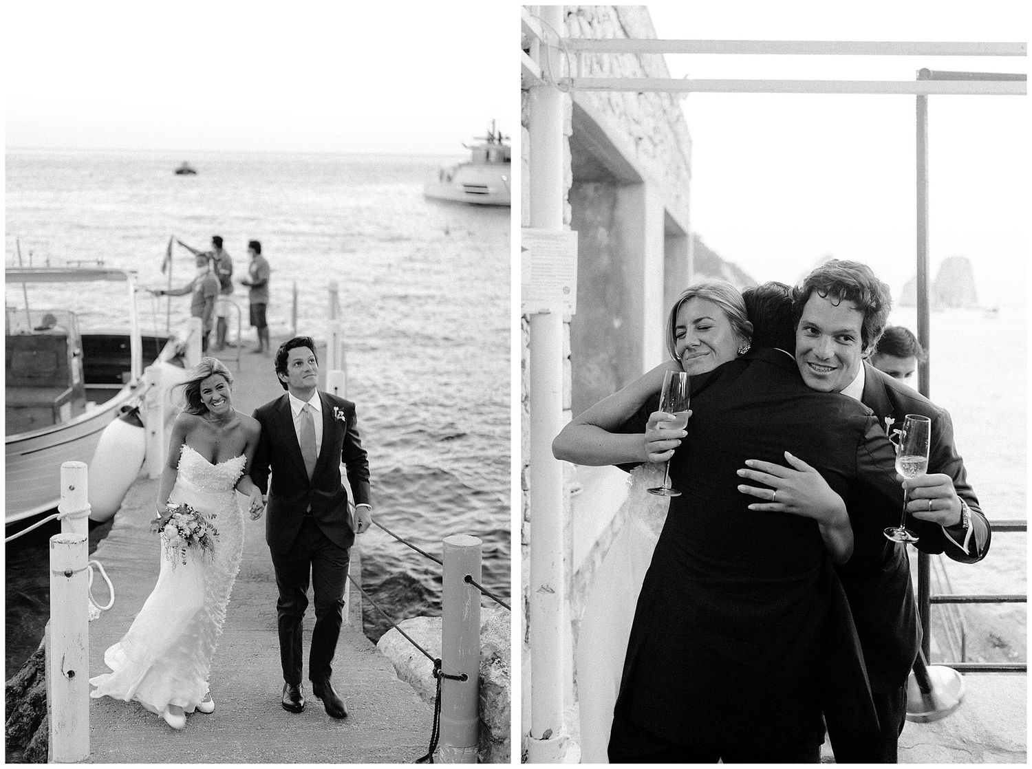Black and white photos show wedding party walking on waterfront dock and guests embracing at seaside celebration.