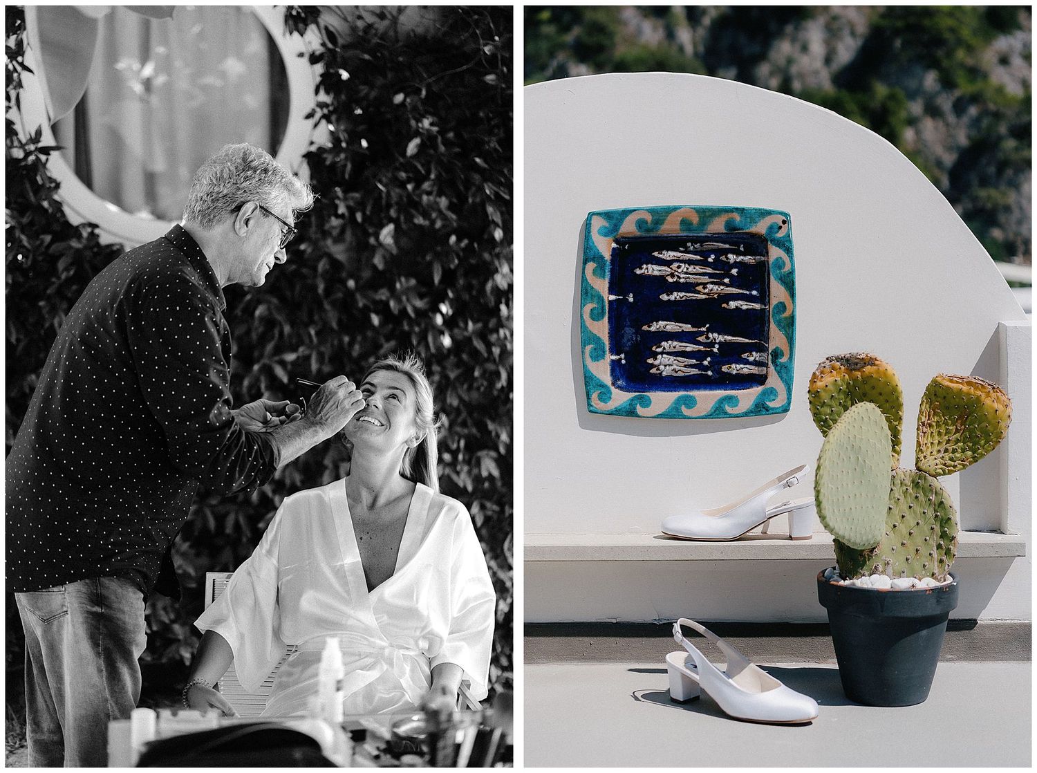 Black and white photo of a getting ready moment next to still life with white shoes and cactus decor.