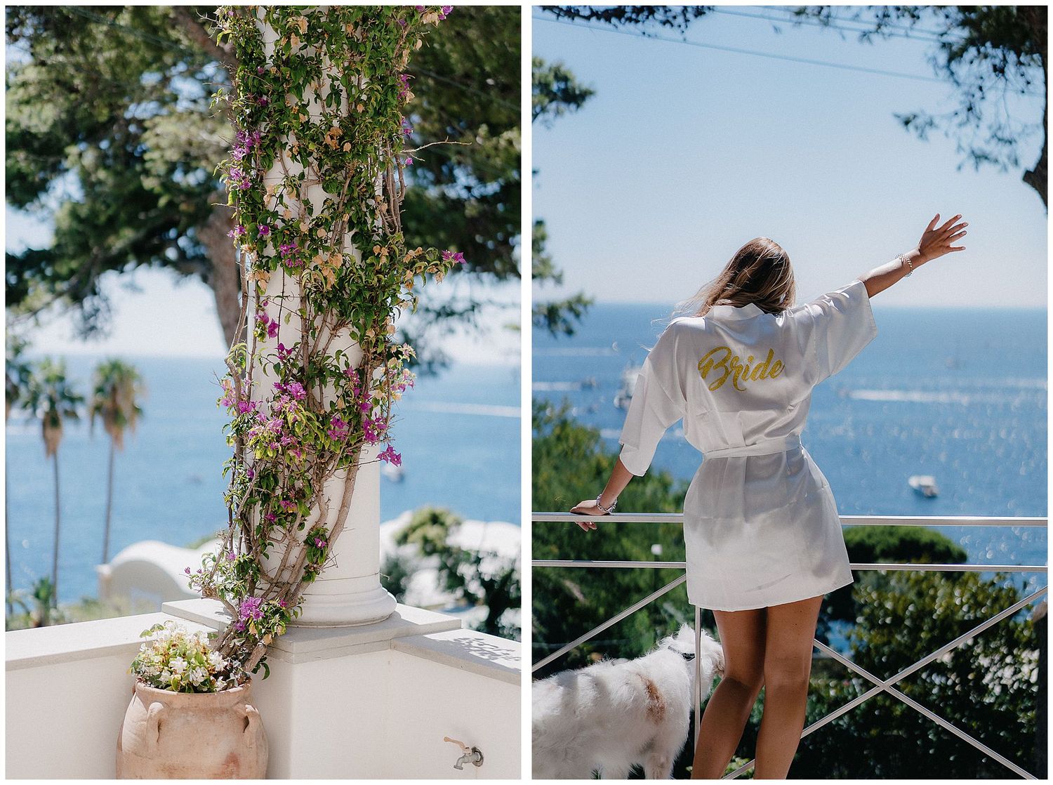 A floral-covered arch and elegant coastal balcony scene with Mediterranean views and palm trees in the background.