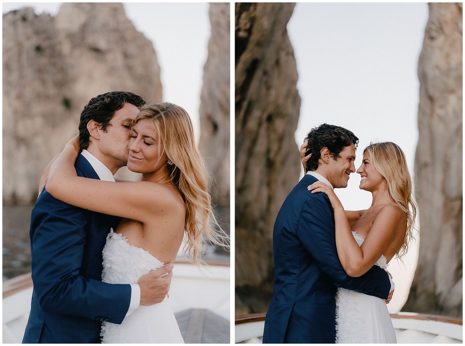 A bride and groom share an intimate embrace while posing for wedding photos in a rocky natural setting.