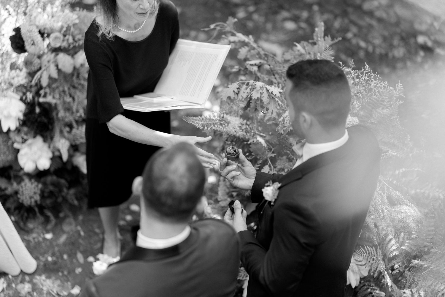 A black and white photograph shows a person reading a document in a garden setting.