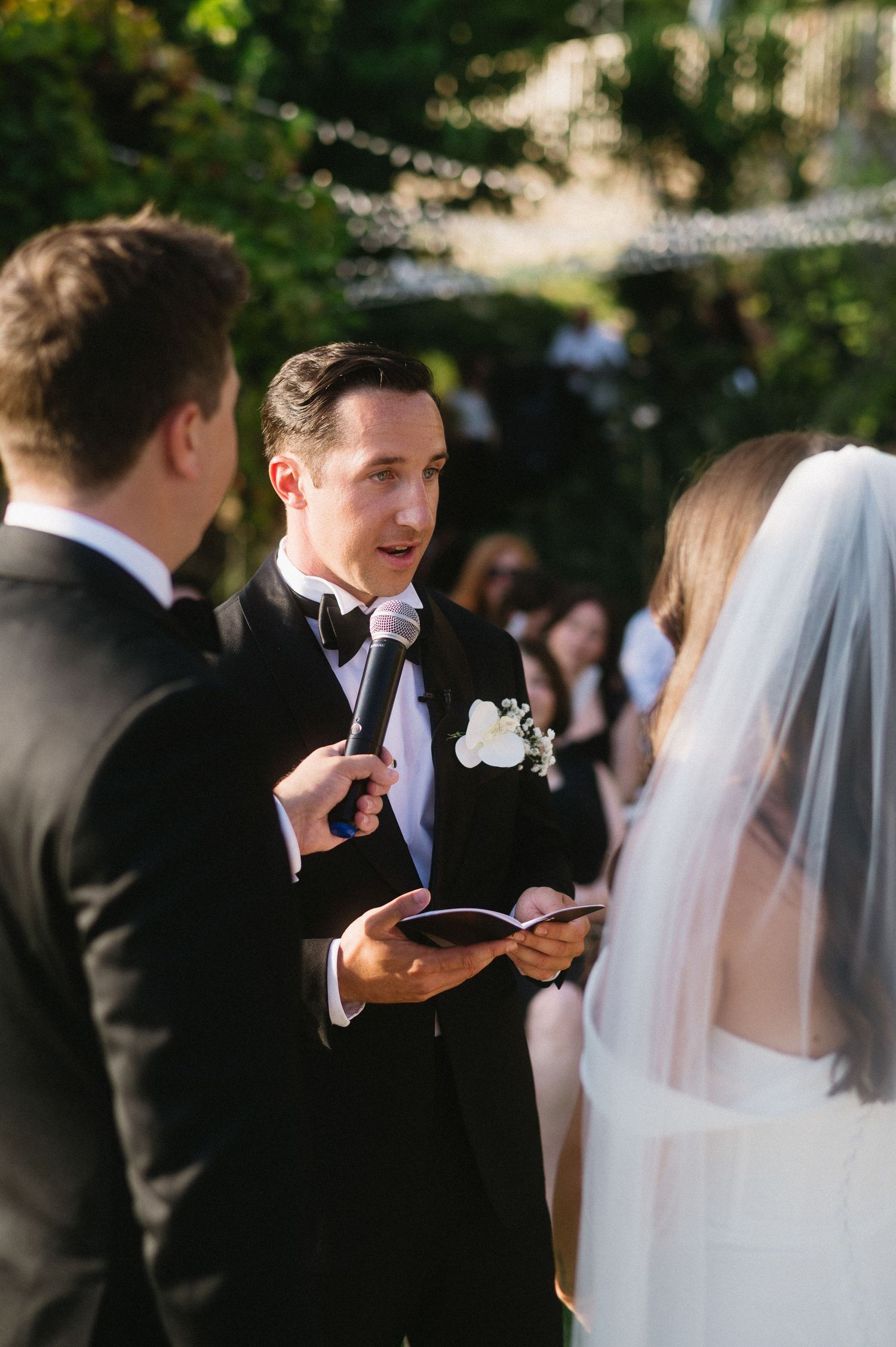 A series of candid wedding moments showing a couple during their outdoor ceremony in natural lighting.