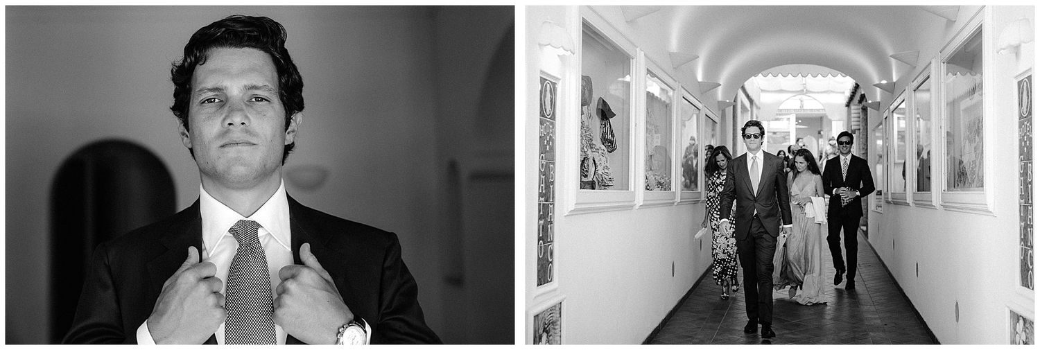 Professional portraits showing preparations and walking through an elegant white hallway.