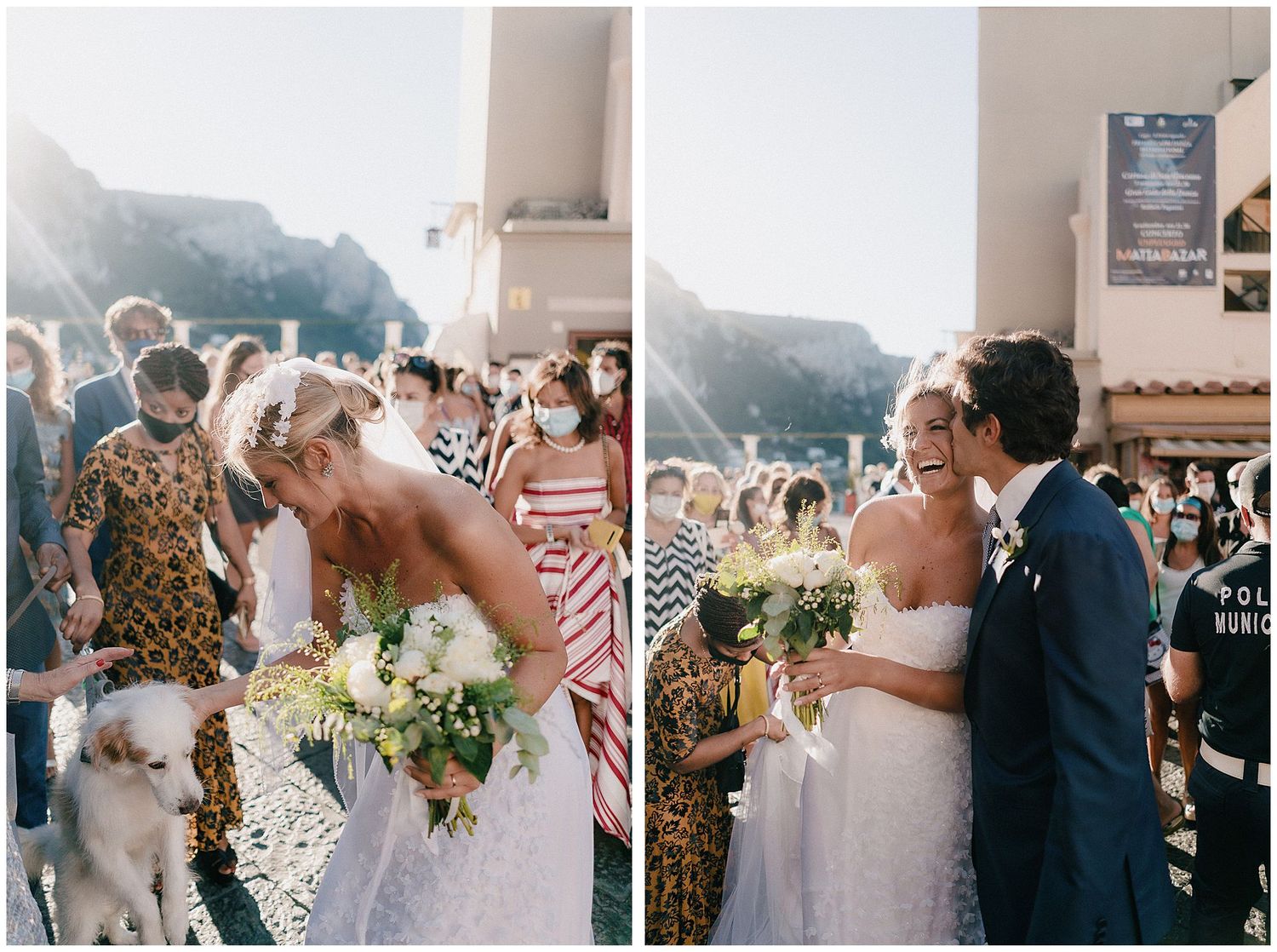 A sequence of romantic wedding moments shown in monochromatic style during a seaside celebration.