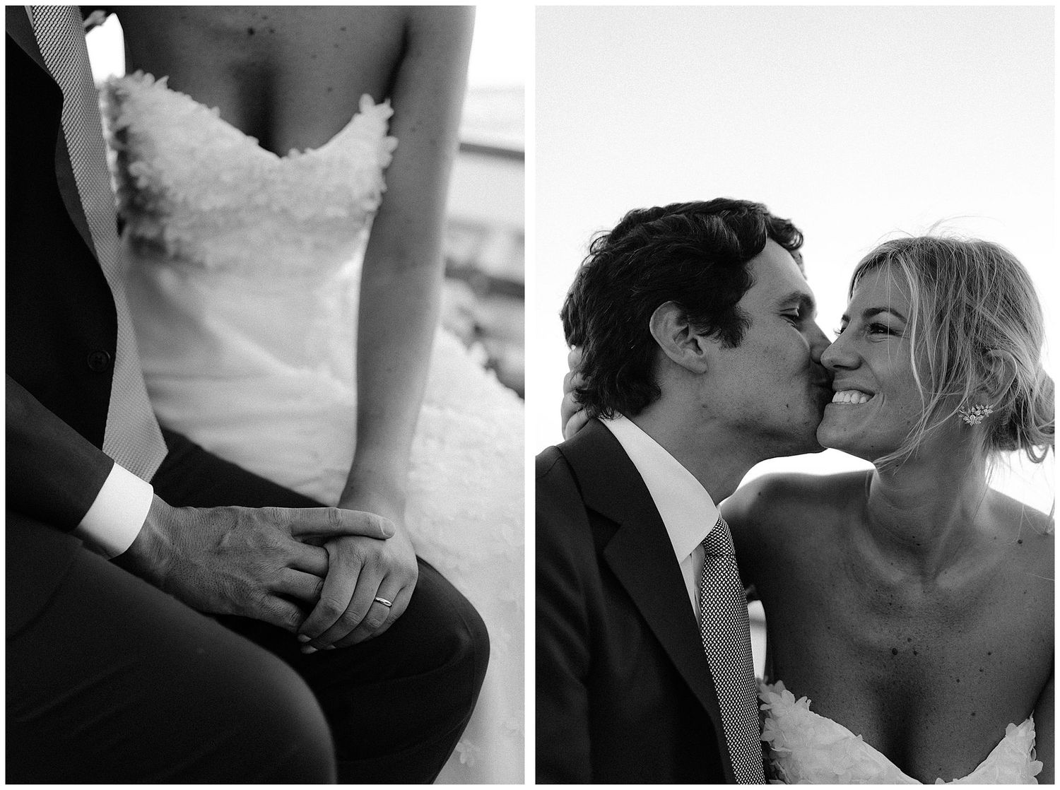 Black and white wedding photography diptych showing a close crop of a white dress and an intimate romantic moment.
