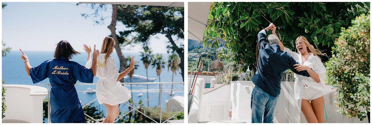 Two wedding moments showing people celebrating outdoors with scenic views in the background.