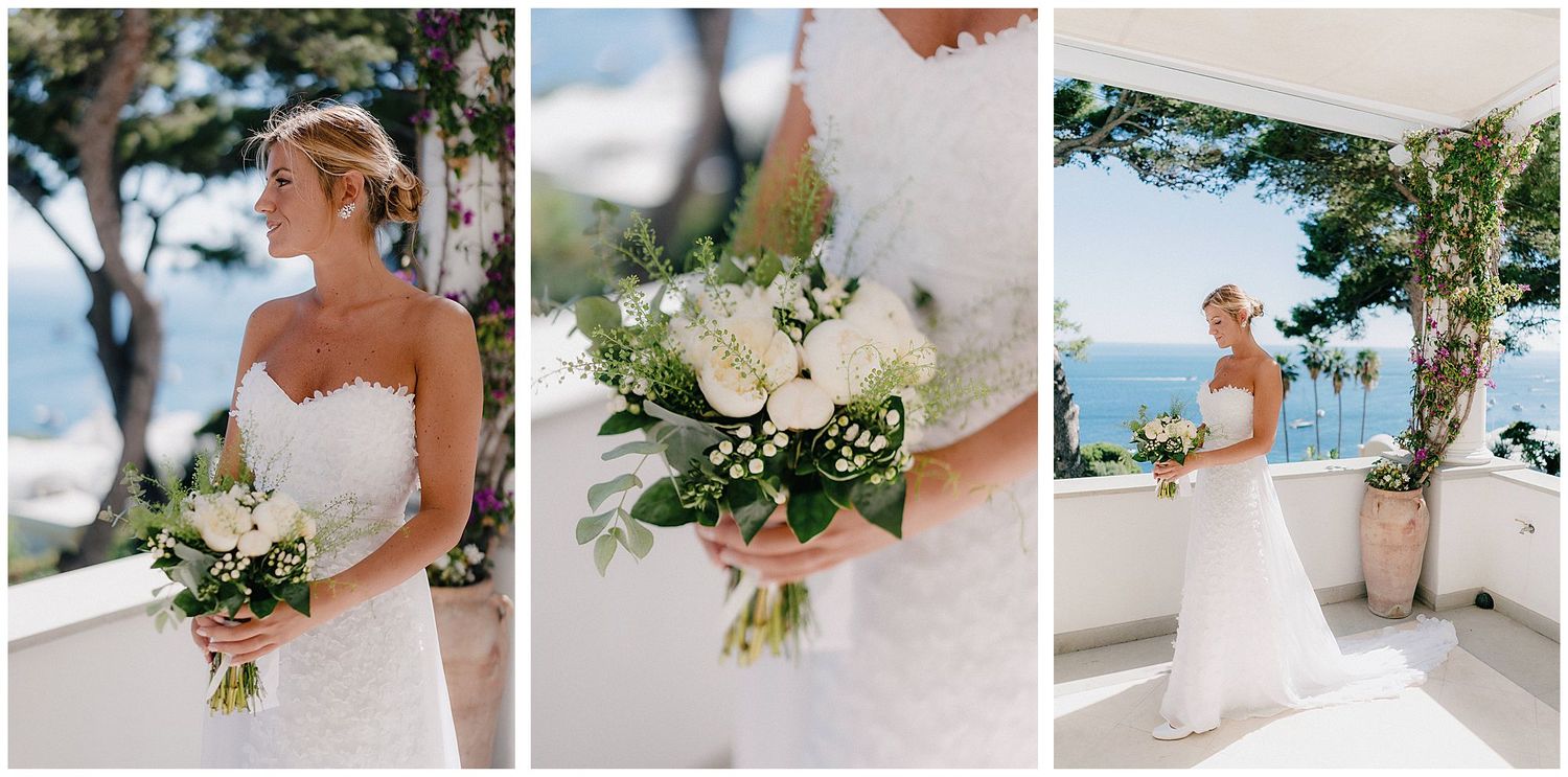 Wedding photography triptych showing person in white dress holding bouquet against coastal backdrop.