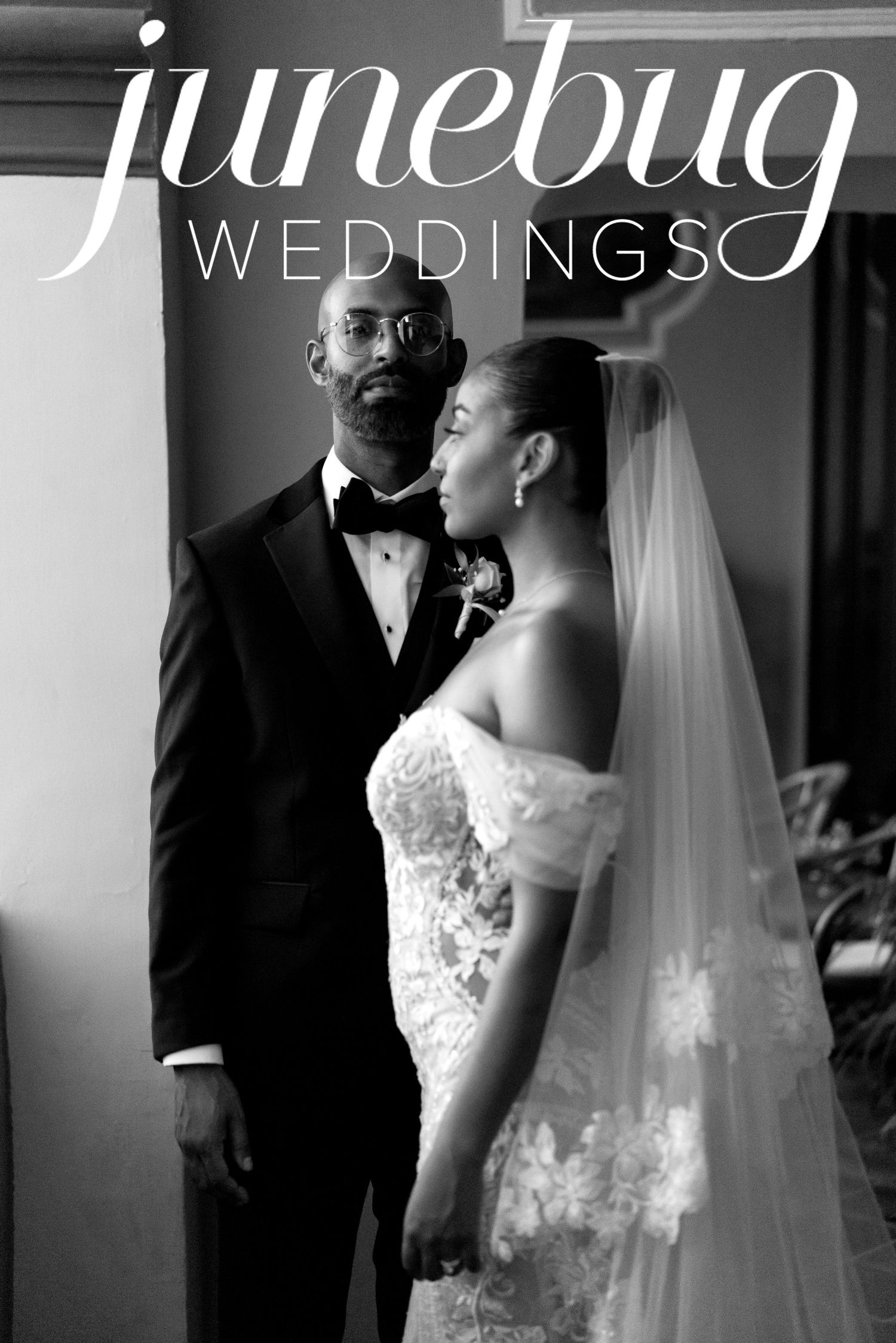 A black and white wedding photo collage showing intimate moments between the bride and groom during their ceremony.