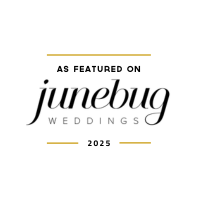 A logo for Junebug Weddings featuring black text and a gold line accent labeled 'AS FEATURED ON 2025'.