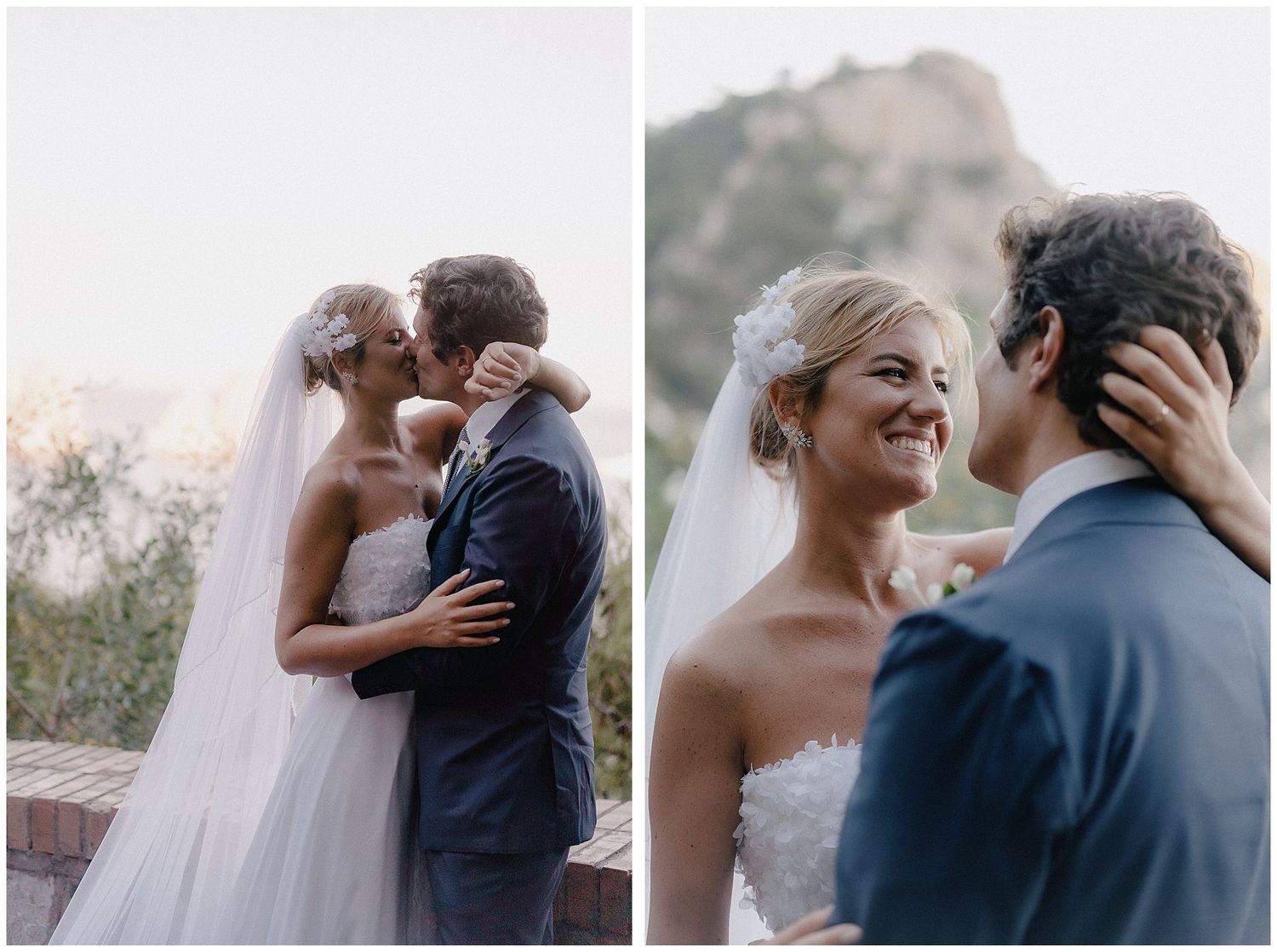 Couple shares an intimate embrace outdoors during their wedding photoshoot with misty mountain backdrop.
