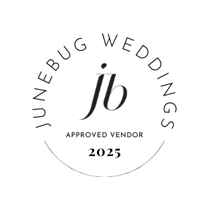 Circular black and white Junebug Weddings approved vendor badge logo design for 2023.