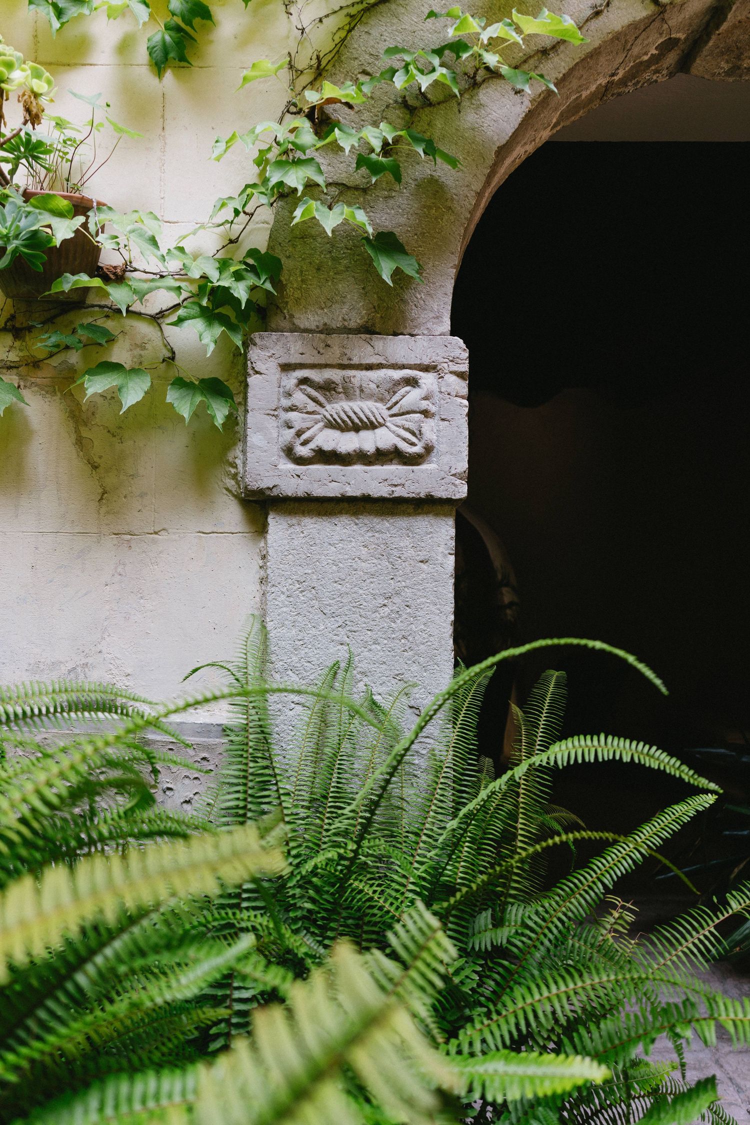 Stone archway with ornate carved details surrounded by climbing vines and lush green ferns creates a peaceful garden scene.