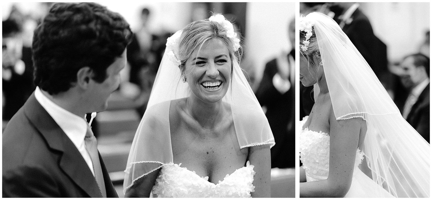 A joyful bride laughs with emotion during a black and white wedding day photo series.
