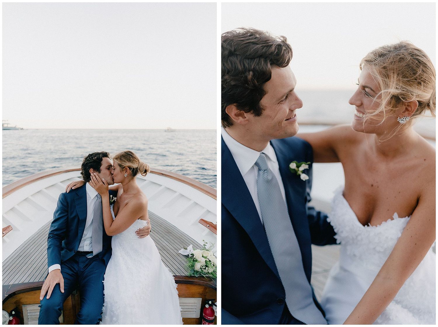 Romantic outdoor beach wedding photo set showing intimate moments between newlyweds in multiple candid poses.