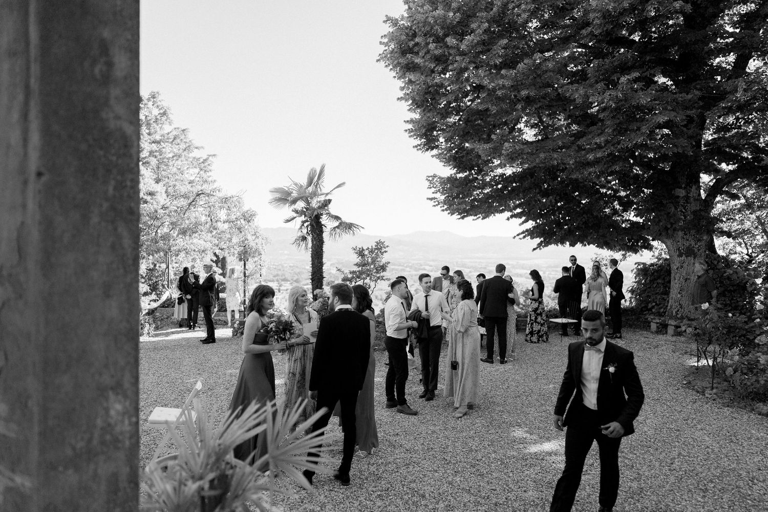 A black and white panoramic collage shows people gathering outdoors in a park-like setting.