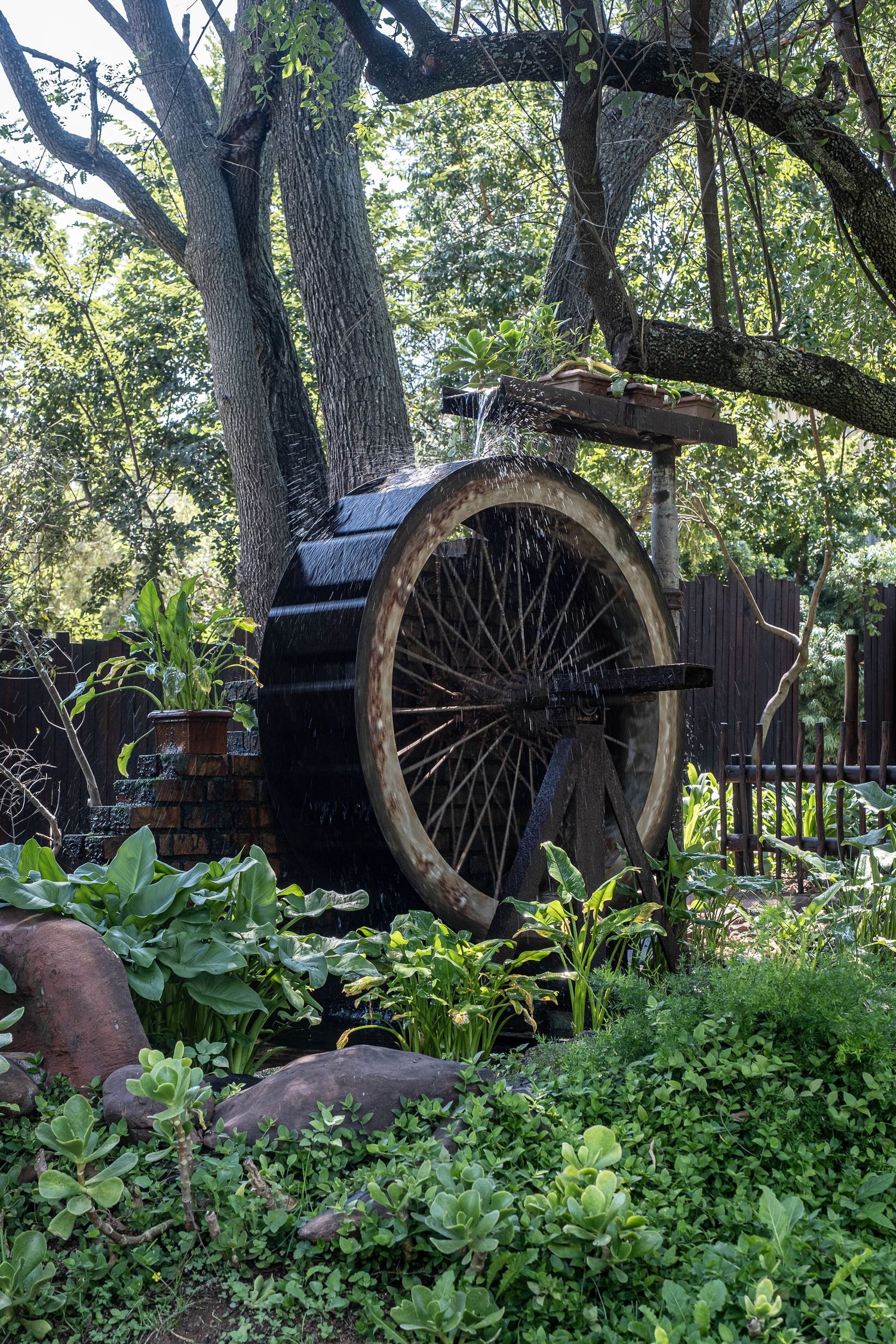 Rustic wooden water wheel fountain surrounded by lush green plants and large trees in a garden setting.