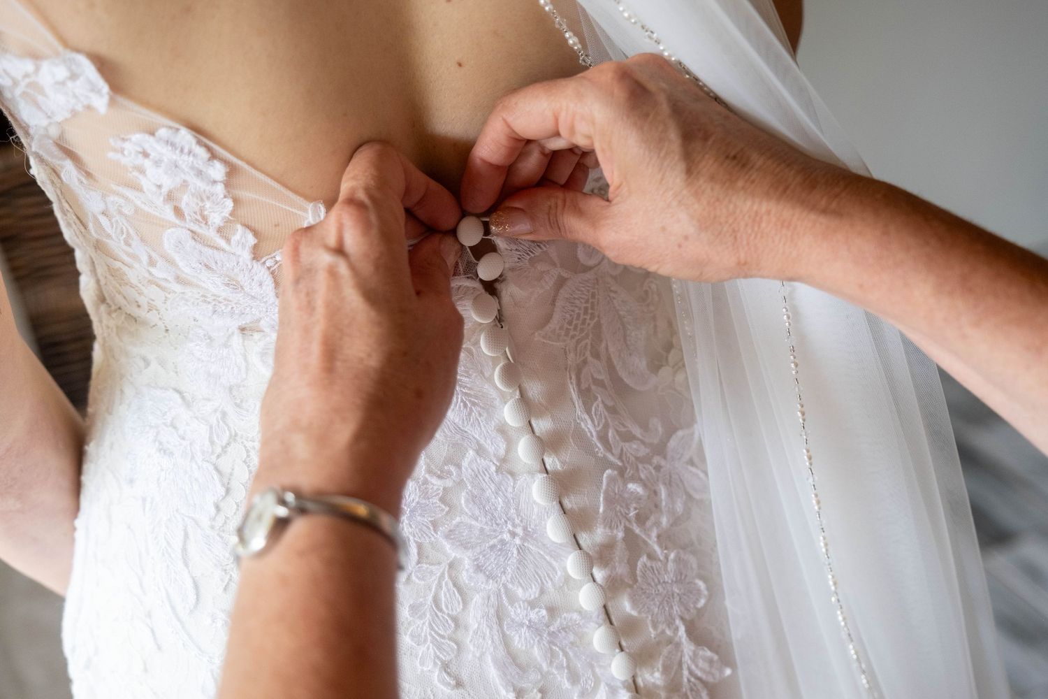 Close-up of hands carefully fastening pearl buttons on the back of a lace bridal wedding gown.