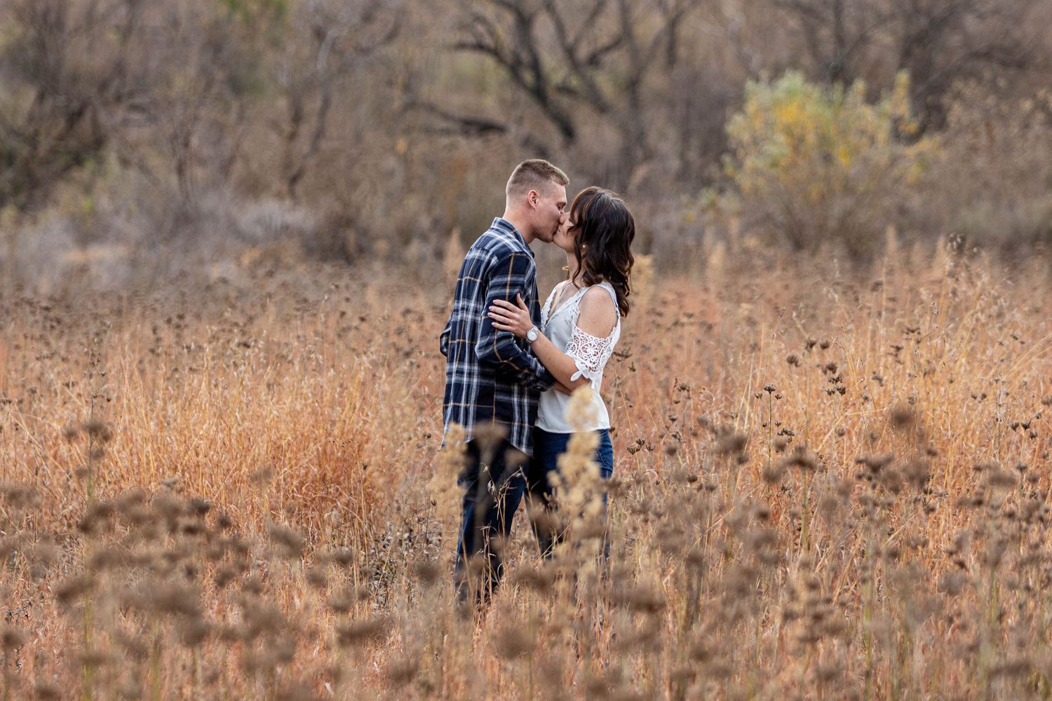 Couple shares intimate kiss surrounded by tall golden grass in scenic autumn field landscape.