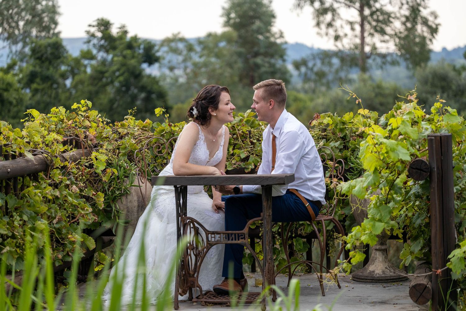 Bride and groom share an intimate moment seated at a table surrounded by lush vineyard greenery on their wedding day.