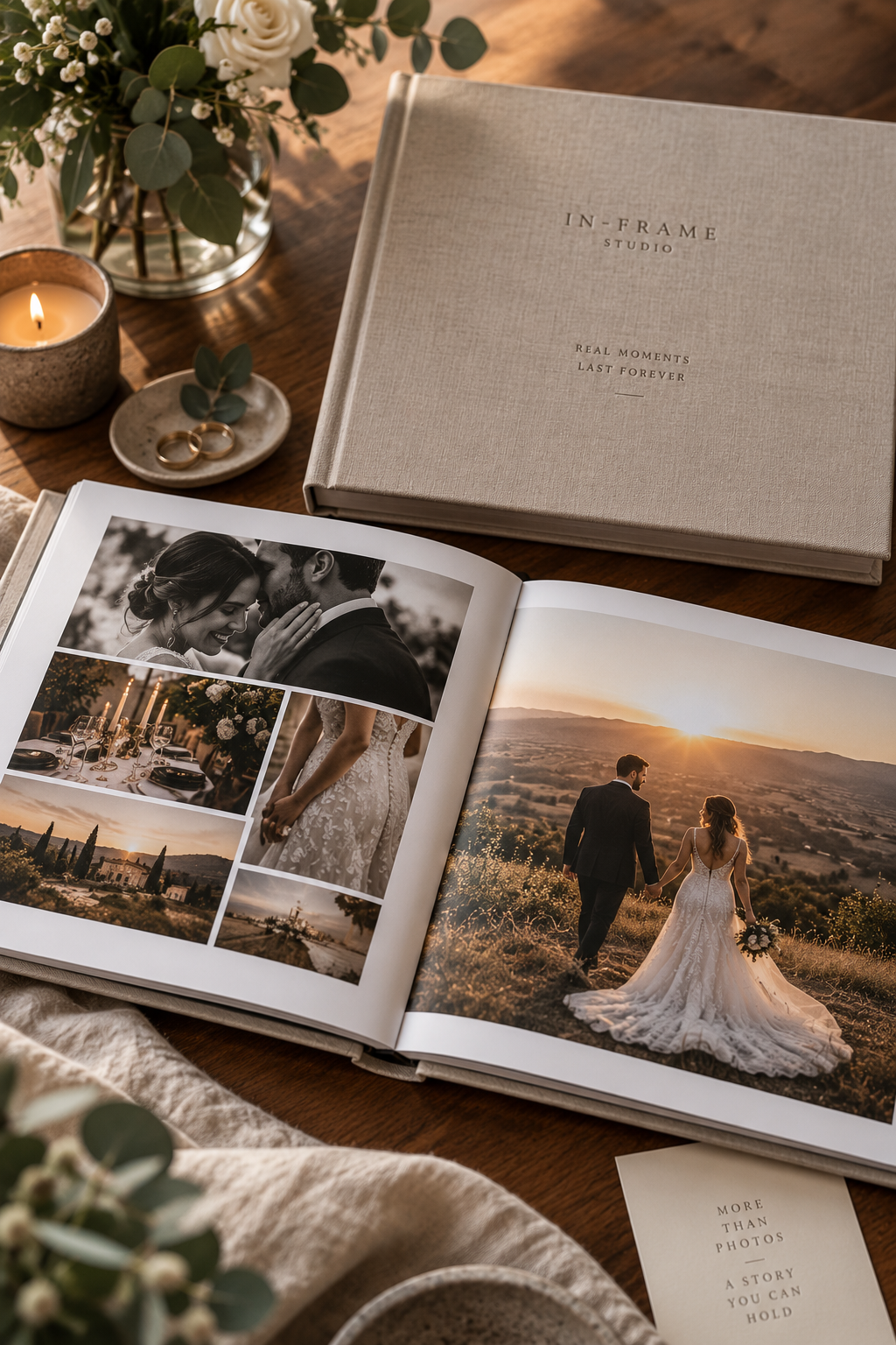 Elegant wedding photo album open to pages showing black and white and golden hour couple portraits beside a linen hardcover book.