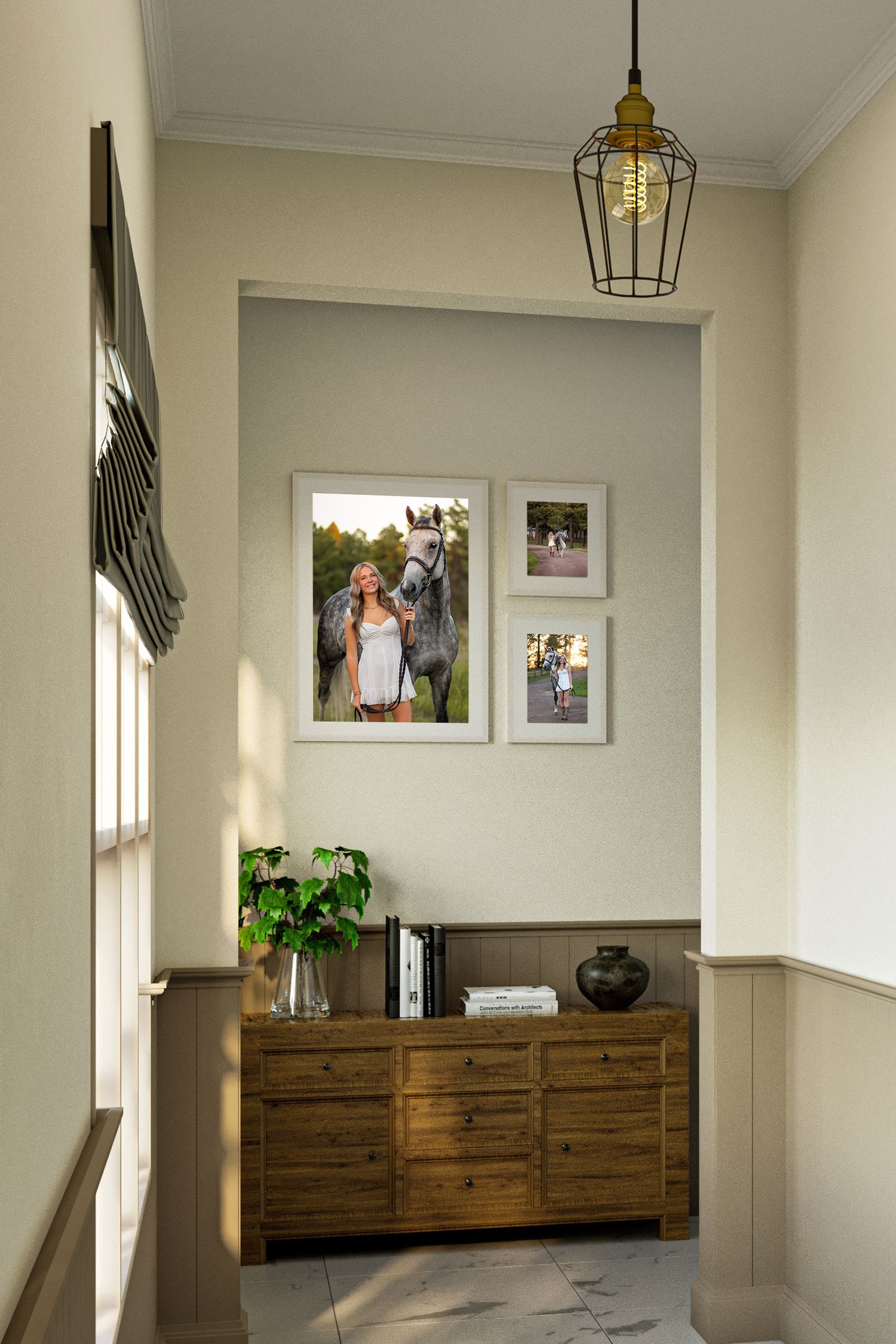 Elegant hallway nook with wooden dresser, framed horse photos, hanging cage pendant light, and green plant decor.
