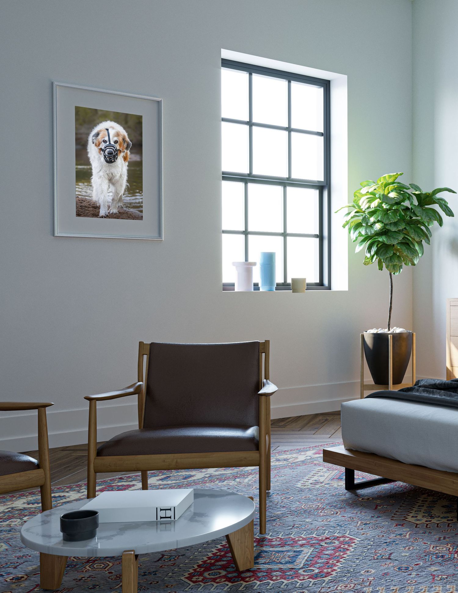 Modern living room with leather chairs, oval coffee table, and framed golden retriever dog art print on light gray wall.