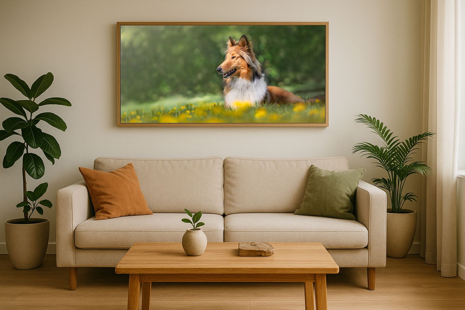 Minimalist living room interior with natural light and dog artwork on walls.