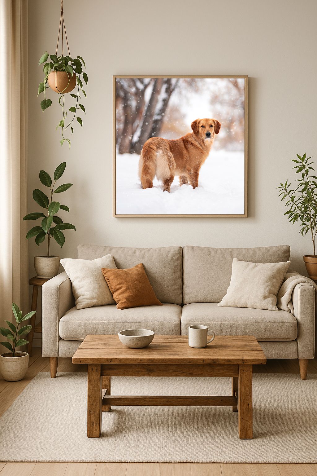 Modern living room with beige sofa and framed dog photography on wall.