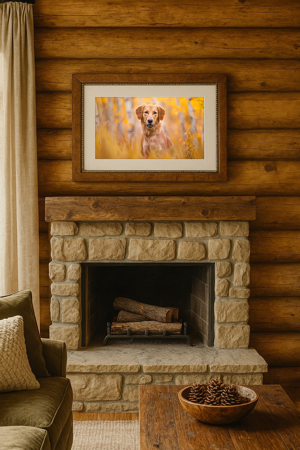 Framed dog portrait above stone fireplace in rustic log cabin interior.