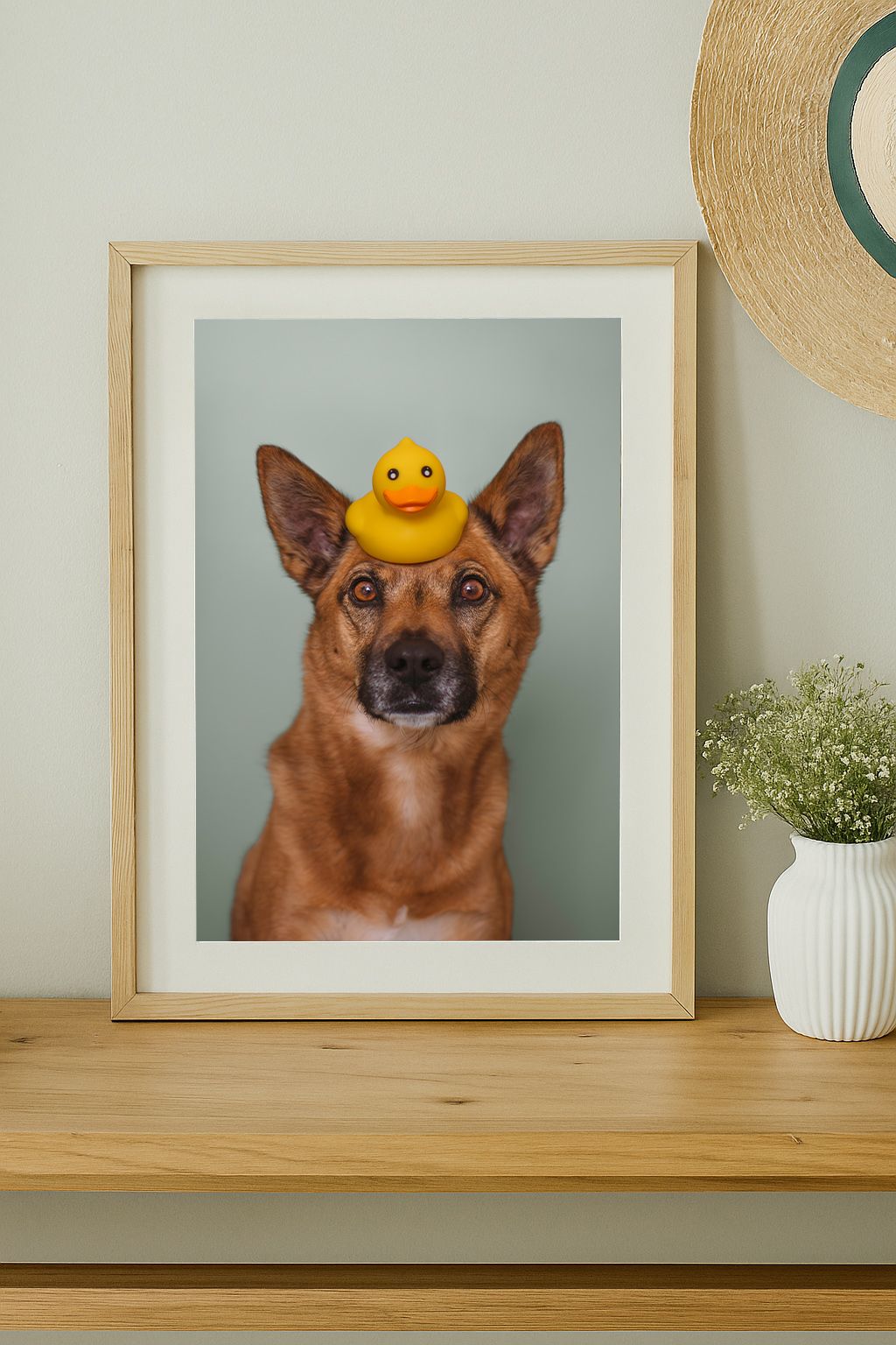 German Shepherd dog with pointy ears wearing a yellow rubber duck on its head in a framed portrait.