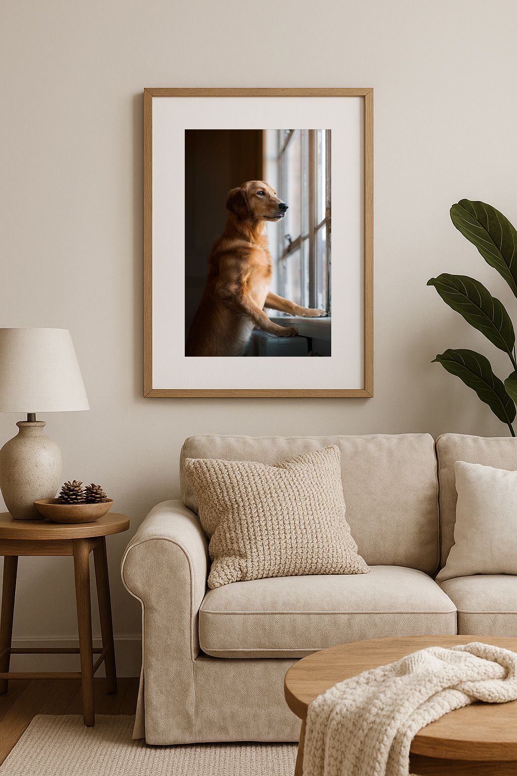 Framed dog portrait above beige sofa in cozy living room with natural decor.