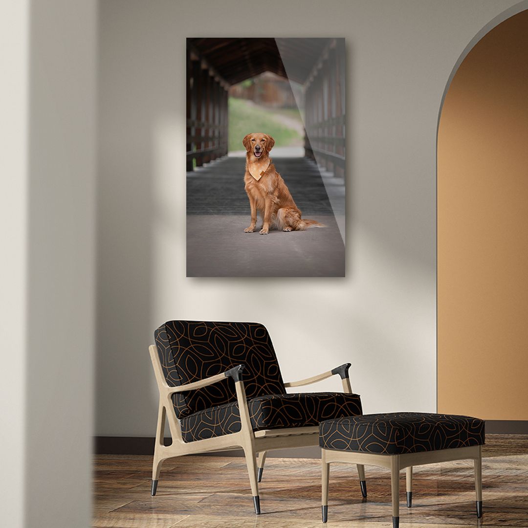 A golden retriever sits on a wooden bridge path, displayed as wall art above a patterned chair in a modern living room.
