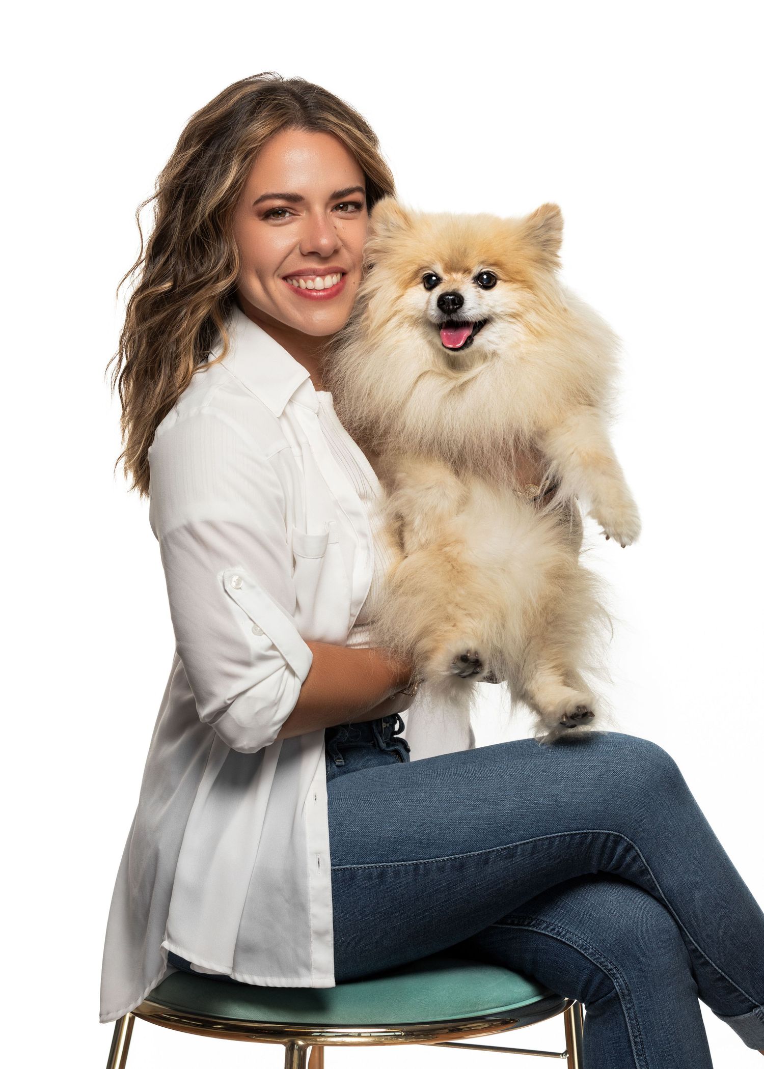 Fluffy cream-colored Pomeranian dog sitting on chair with casual home decor.