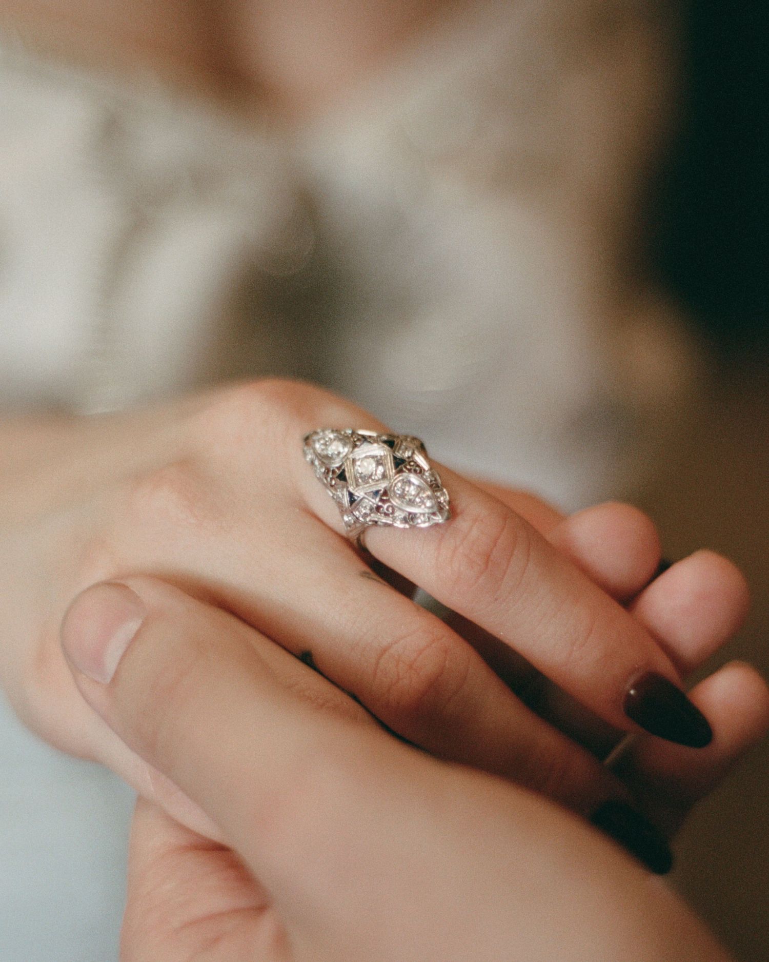 Series of close-up shots showing sparkling diamond engagement ring details.