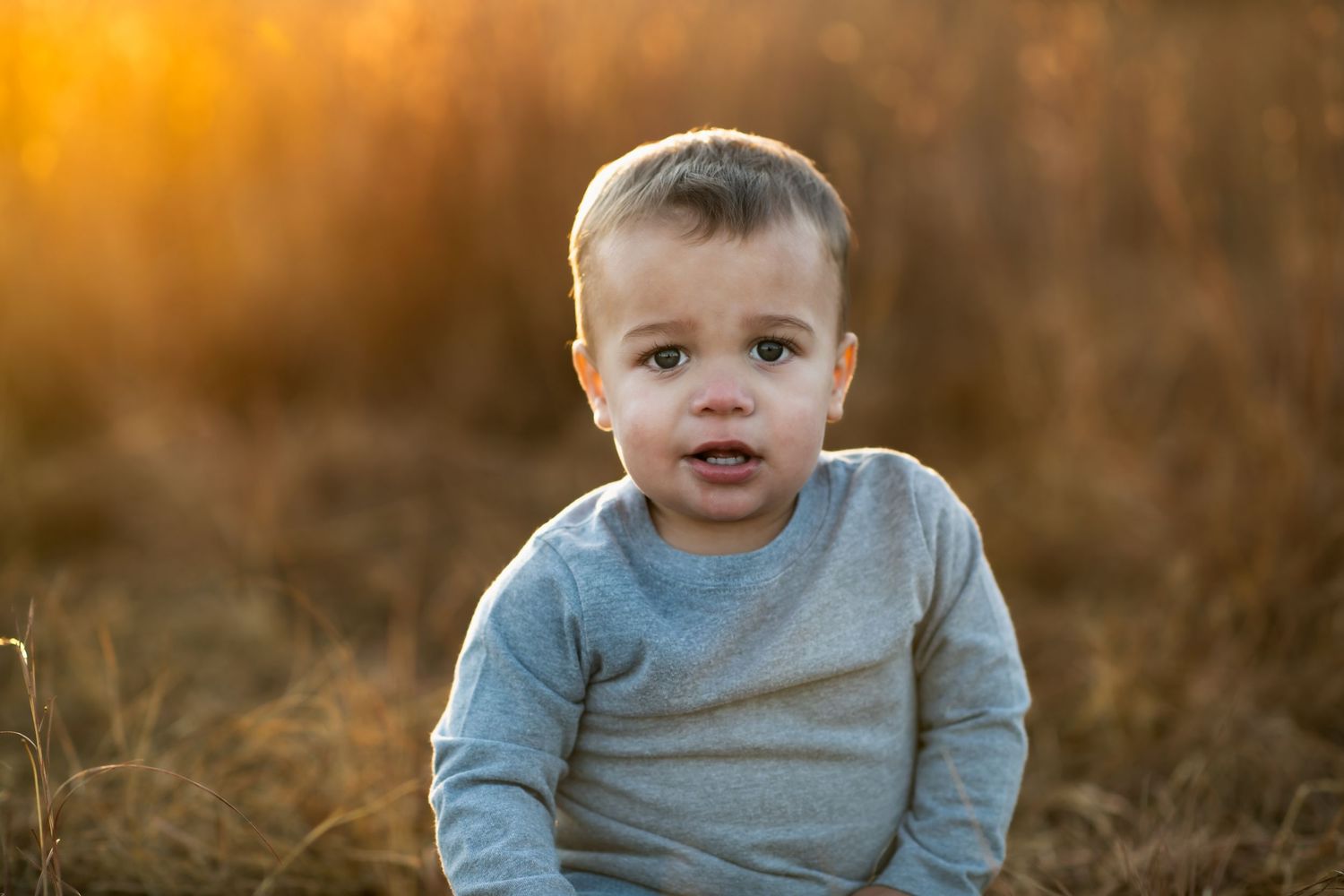 Toddler in blue sweater sits in tall grass during sunset.