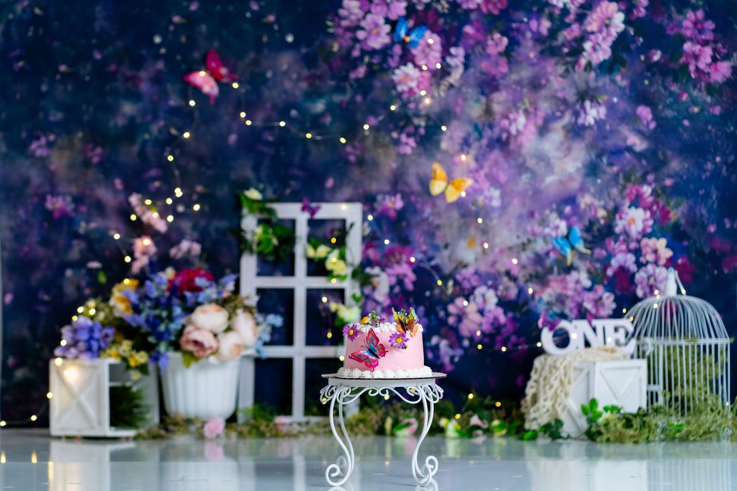 Empty magical garden set with purple flowers, butterflies and white window frame.