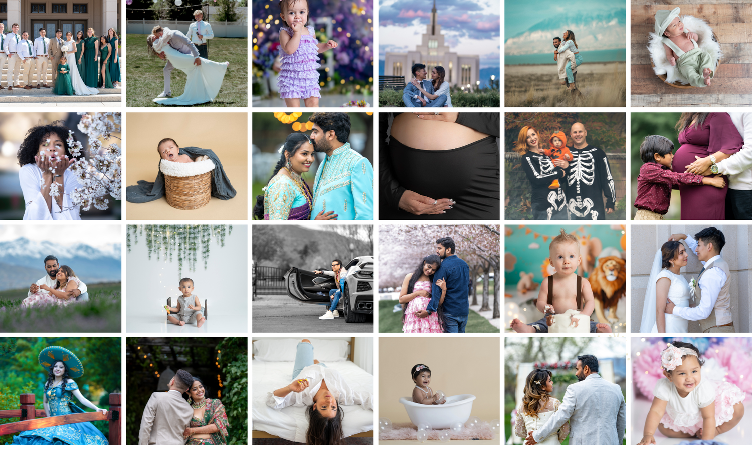 Photo collage grid showing various outdoor couple and family photography sessions.