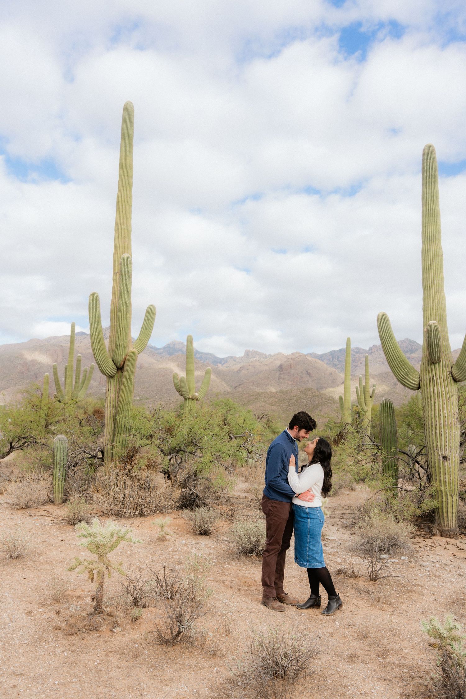 A couple embraces romantically among tall saguaro cacti in an Arizona desert landscape.