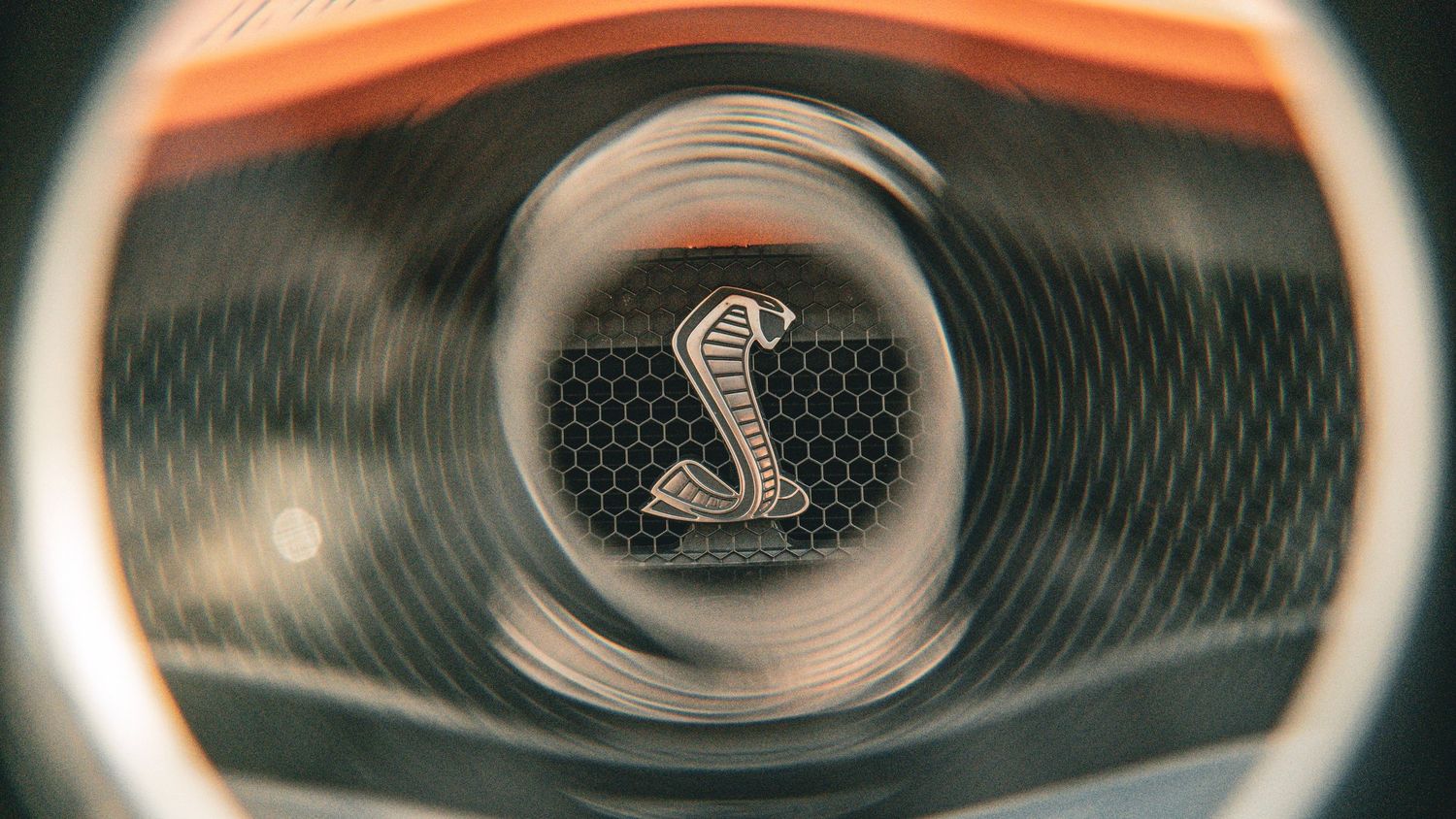 Close-up of Shelby Cobra emblem on black honeycomb grille with orange reflections.