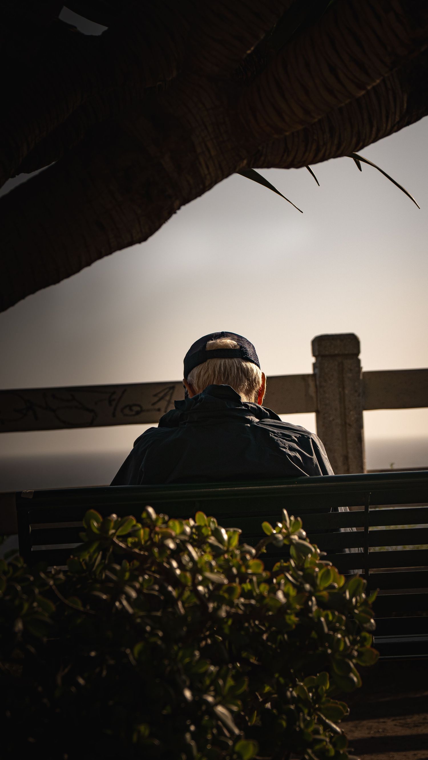 Silhouette of person sitting on bench under covered structure at sunset.