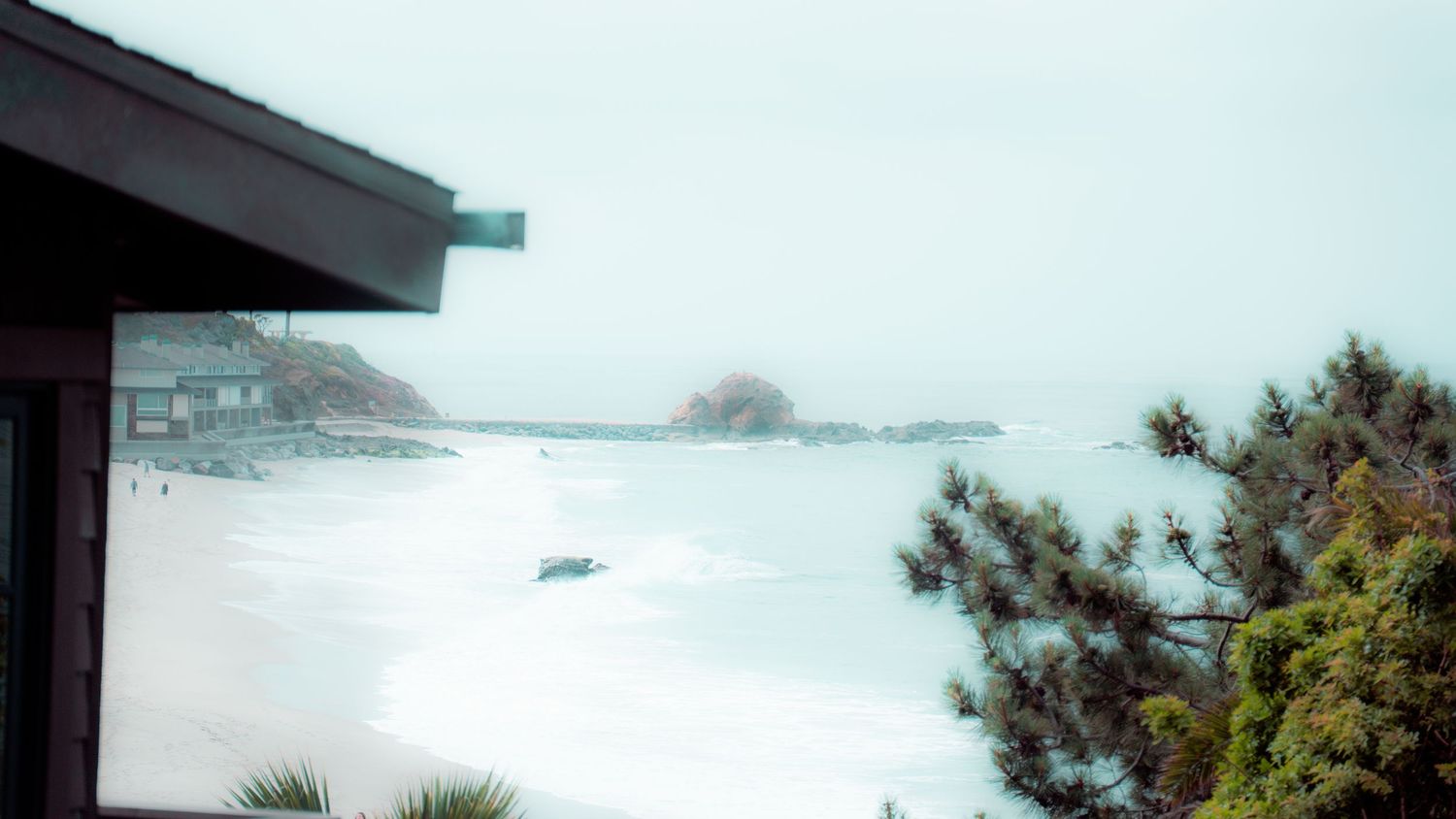Foggy oceanside view with vegetation and rocky outcrops along the shoreline.