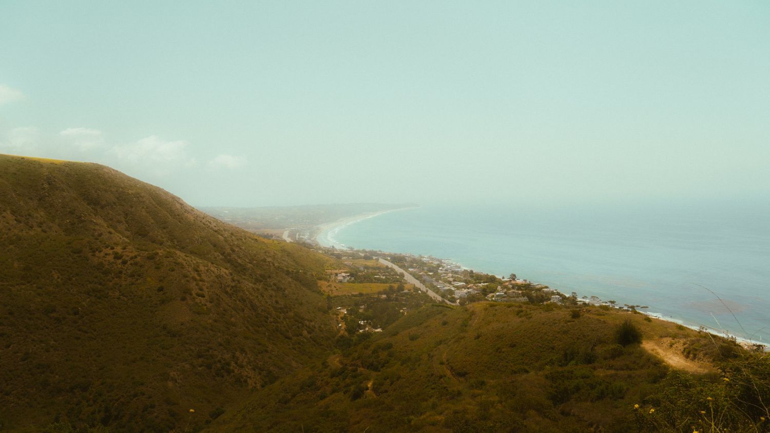 Hillside view of a coastal community with winding roads and blue ocean in the distance.