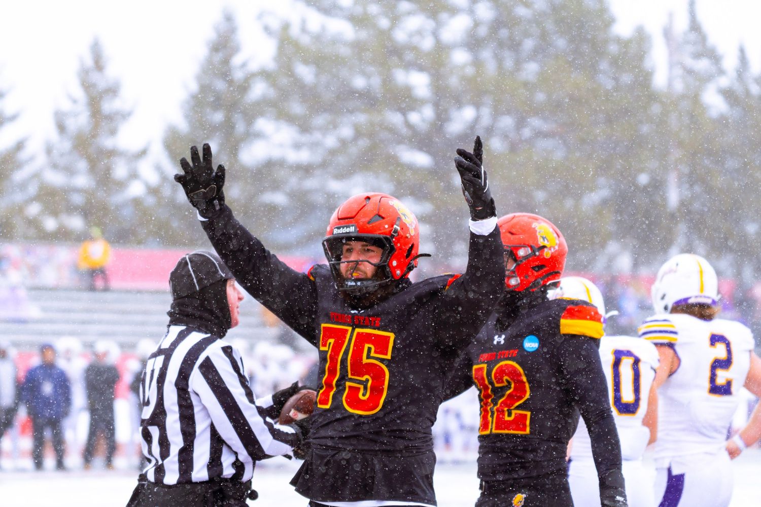 Football players celebrate on a snowy field during a game with their arms raised in victory.