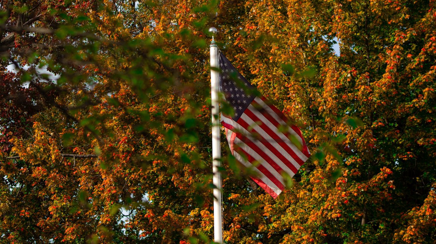 American flag waves among vibrant orange autumn foliage against blue sky.