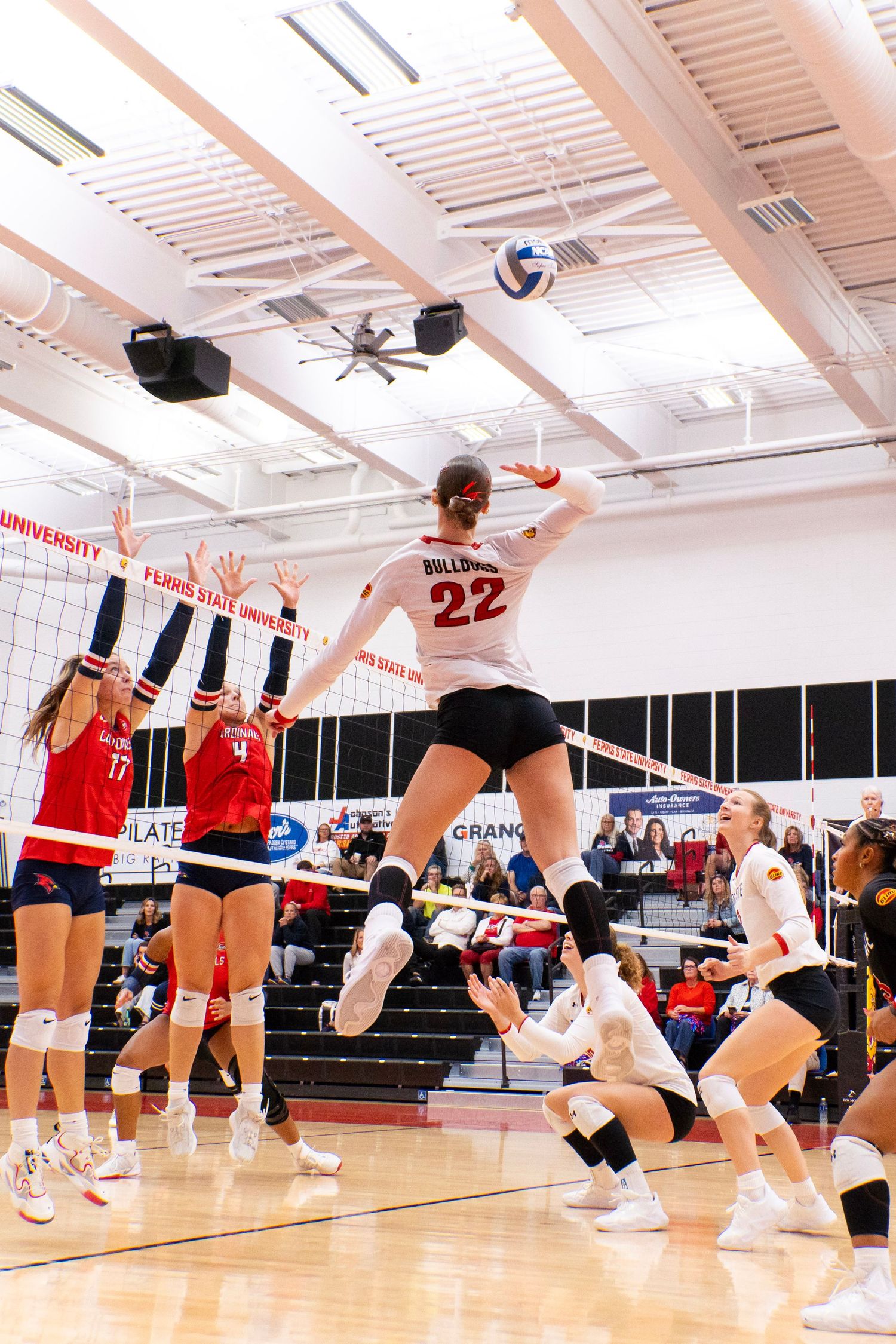 Volleyball player in a white number 22 Bulldogs jersey leaps to spike the ball over the net as red-uniformed opponents jump to block.