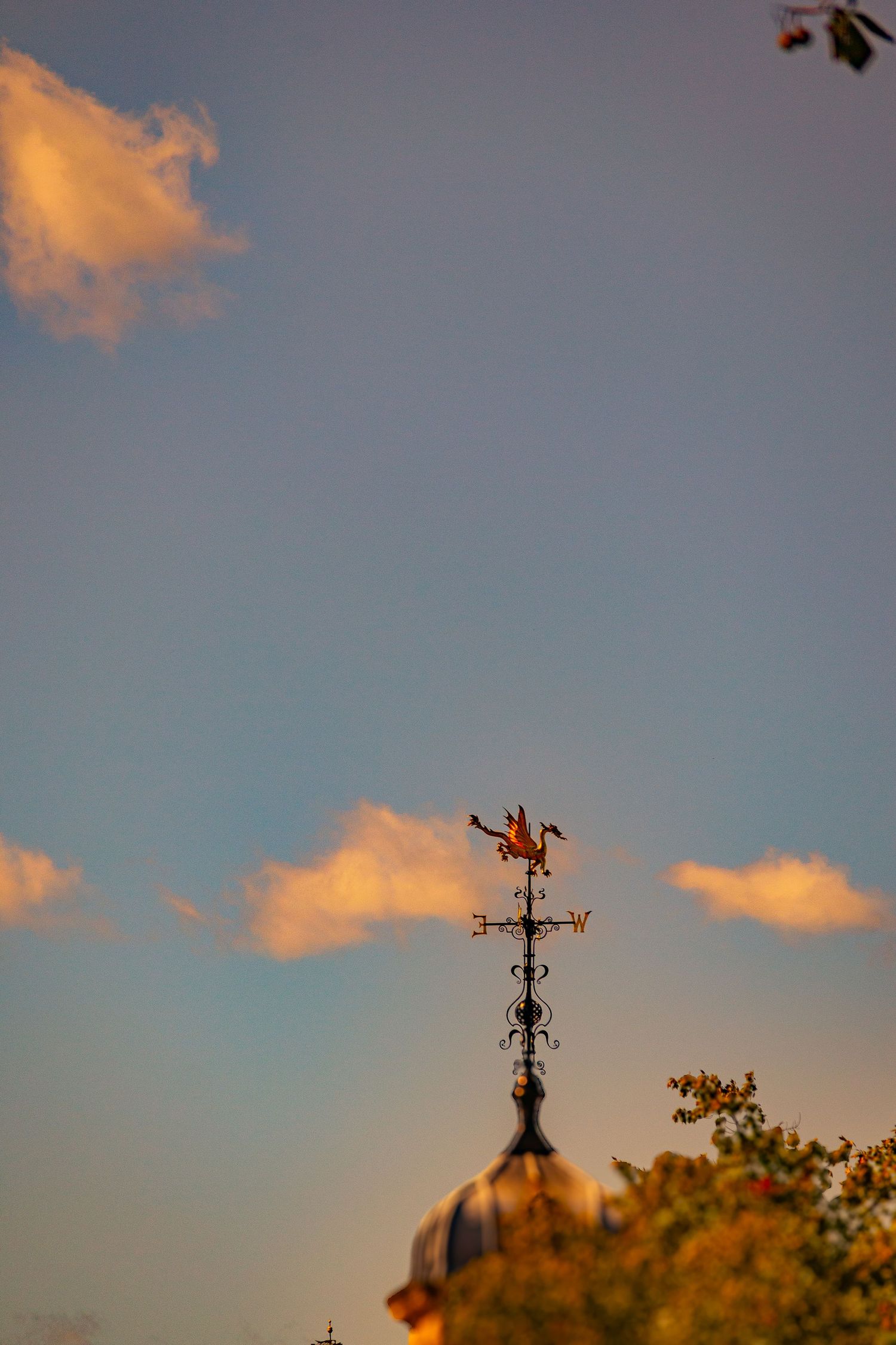 Weather vane silhouetted against orange sunset clouds and blue sky.