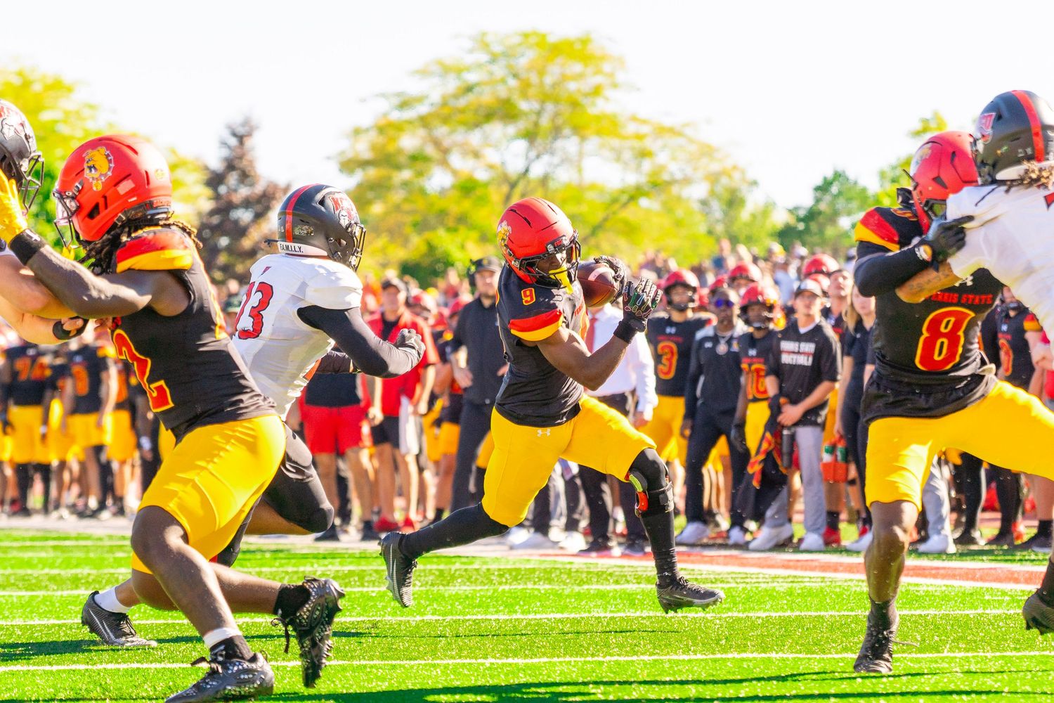 College football players in black, gold and red uniforms run a play on a sunny field as a defender in white chases while fans watch.