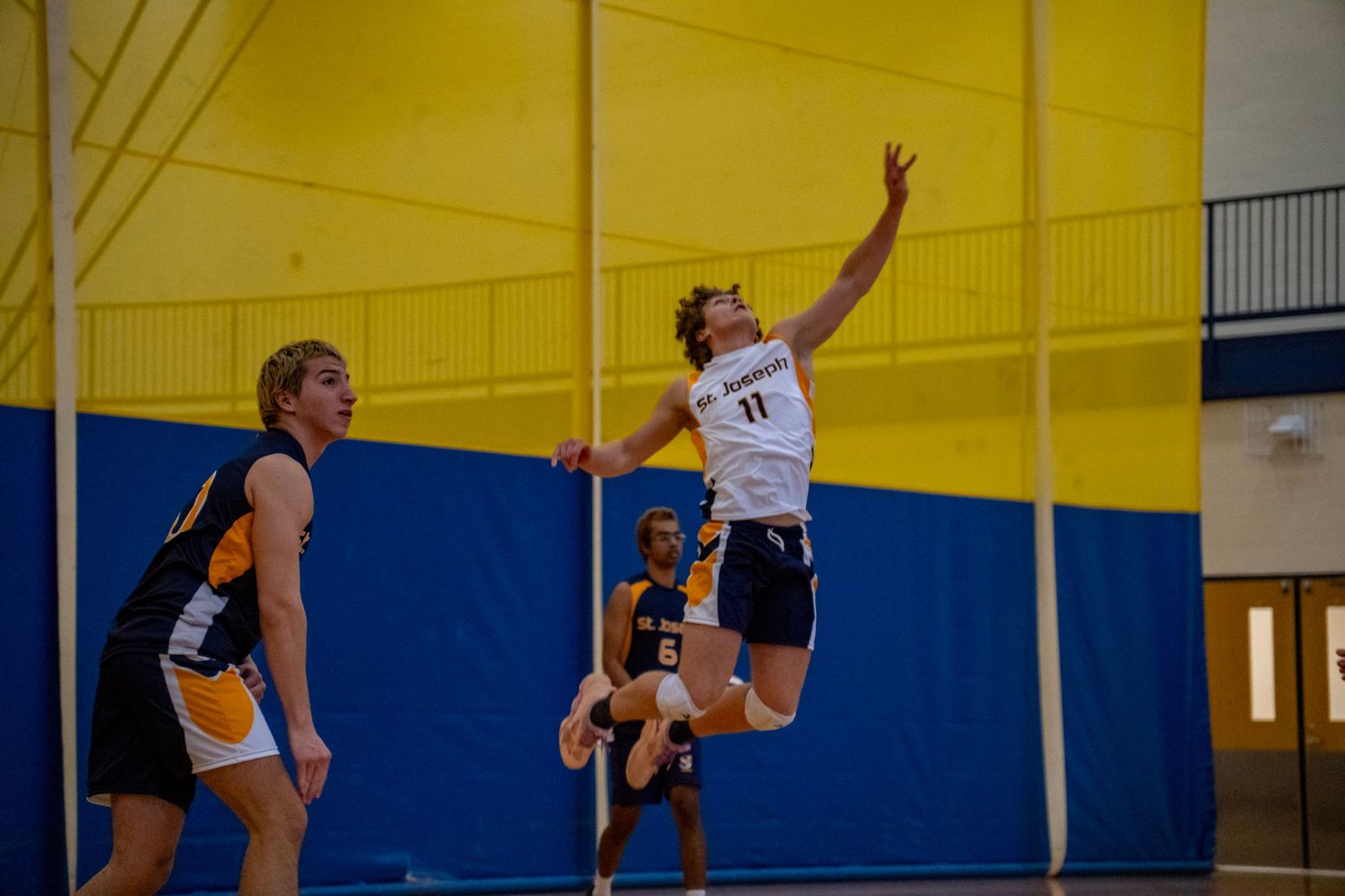Player jumps high to spike the volleyball during an indoor game.